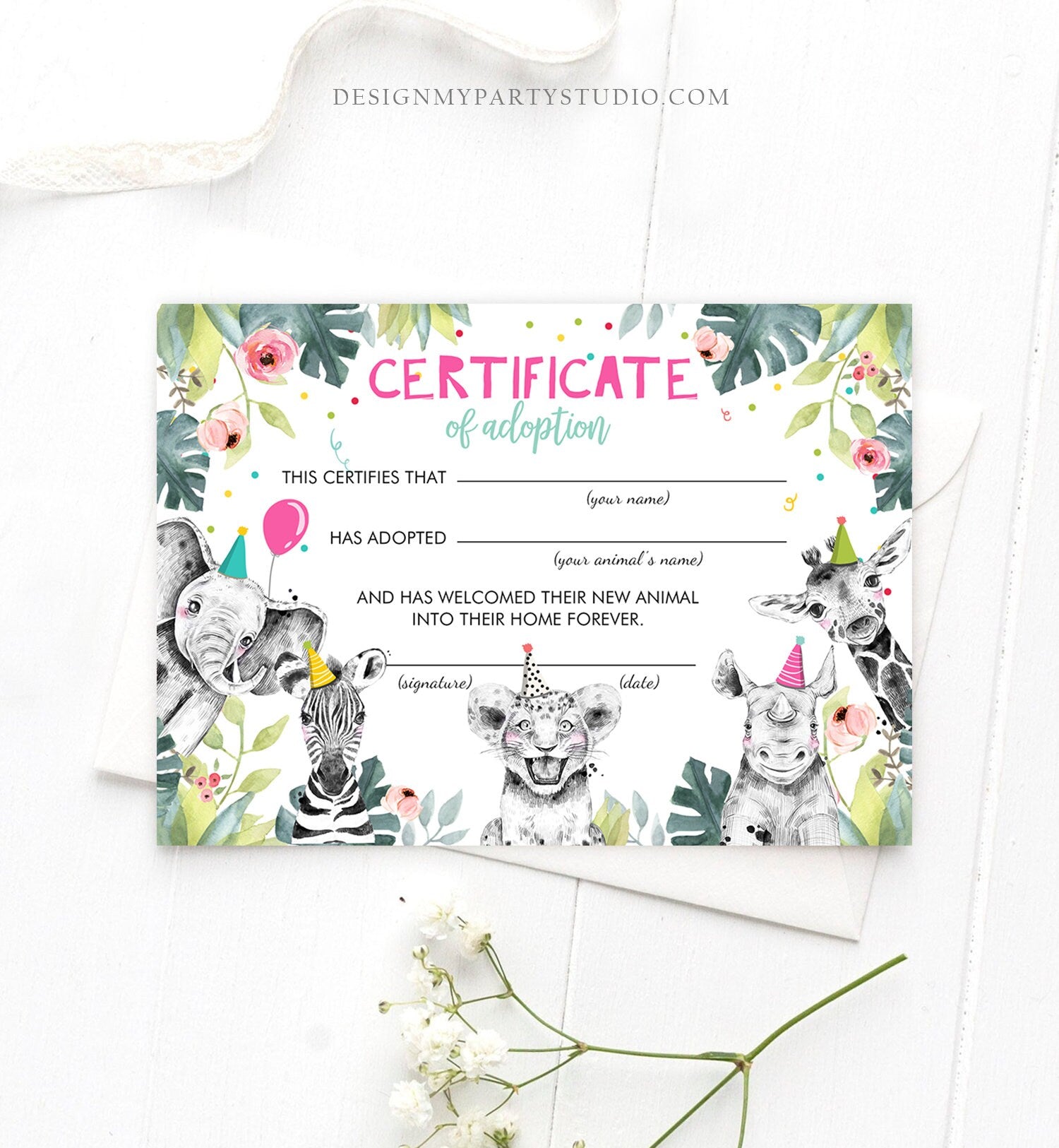 Adopt an Animal Adoption Certificate Safari Animals Adoption Wild One Birthday Party Animals Birthday Girl Download Digital PRINTABLE 0322