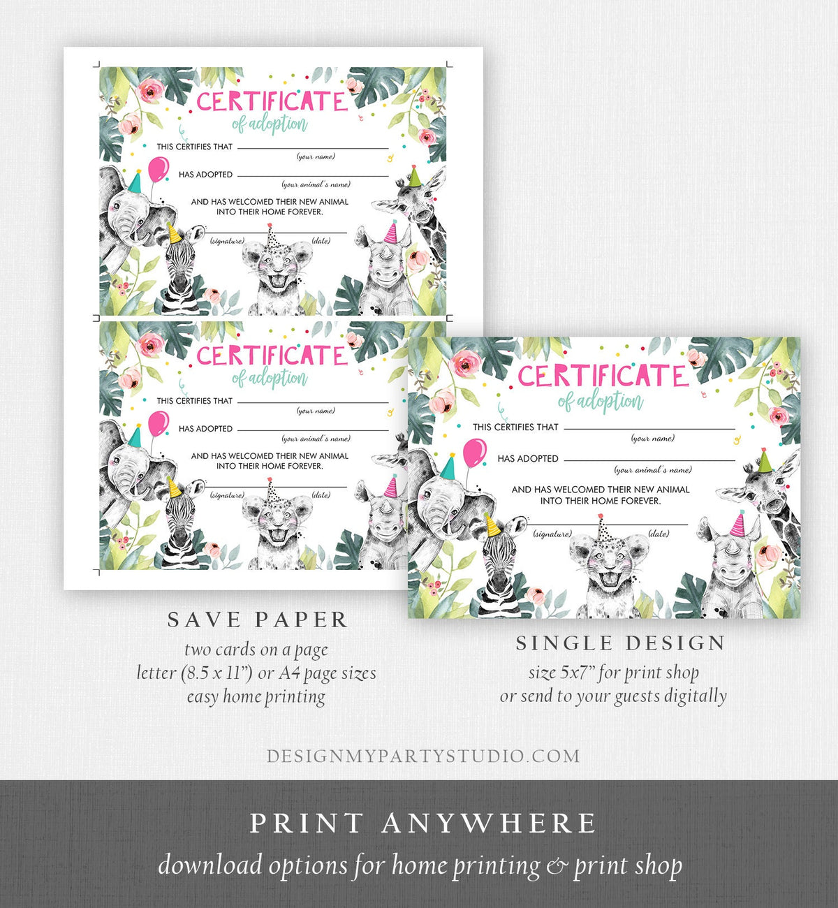 Adopt an Animal Adoption Certificate Safari Animals Adoption Wild One Birthday Party Animals Birthday Girl Download Digital PRINTABLE 0322