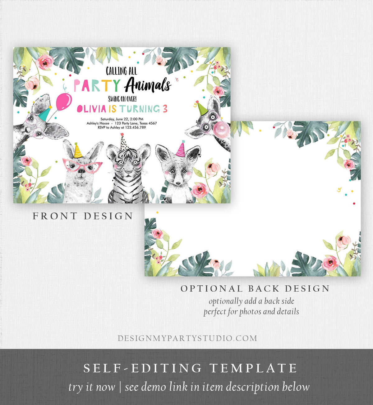 Editable Party Animals Birthday Invitation Exotic Wild Animals Invitation Zoo Safari Animals Girl Download Printable Template Corjl 0322