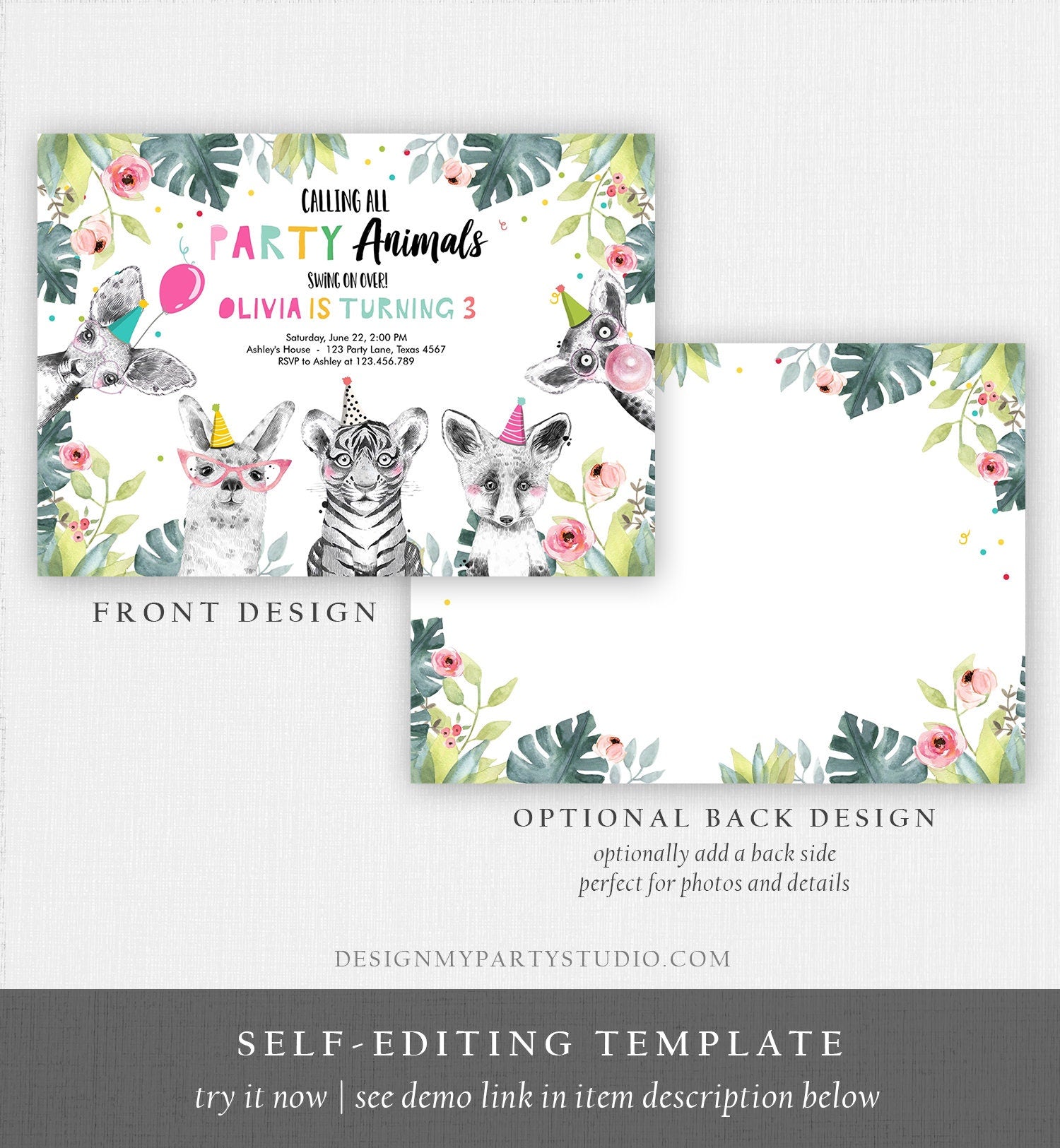 Editable Party Animals Birthday Invitation Exotic Wild Animals Invitation Zoo Safari Animals Girl Download Printable Template Corjl 0322