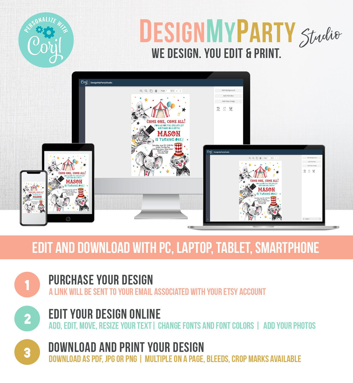 Editable Circus Birthday Invitation Party Animals Circus Invitation Carnival Invite Instant Download Printable Template Digital Corjl 0355