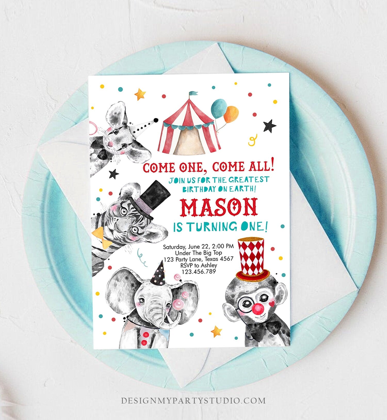 Editable Circus Birthday Invitation Party Animals Circus Invitation Carnival Invite Instant Download Printable Template Digital Corjl 0355