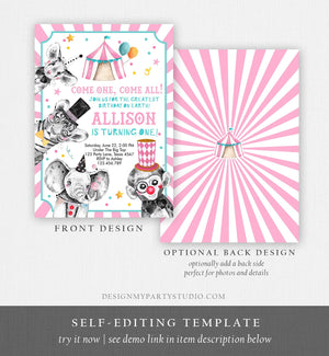 Editable Circus Birthday Invitation Girl Pink Circus Animals Invitation Carnival Invite Download Printable Template Digital Corjl 0355