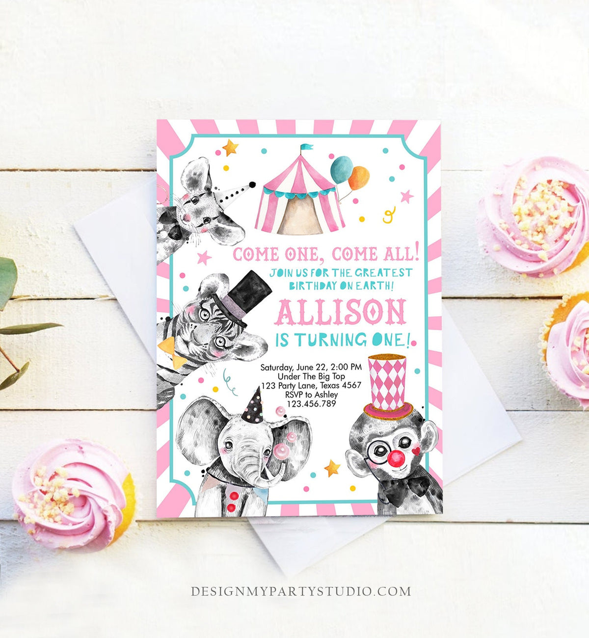 Editable Circus Birthday Invitation Girl Pink Circus Animals Invitation Carnival Invite Download Printable Template Digital Corjl 0355
