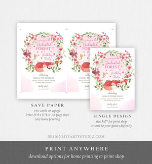 Editable Enchanted Forest Birthday Invitations Woodland Fairy Party Invite Girl Pink Fairies Toadstool Printable Template Digital Corjl 0173