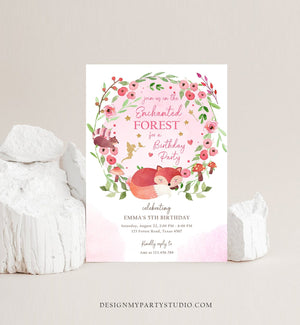 Editable Enchanted Forest Birthday Invitations Woodland Fairy Party Invite Girl Pink Fairies Toadstool Printable Template Digital Corjl 0173