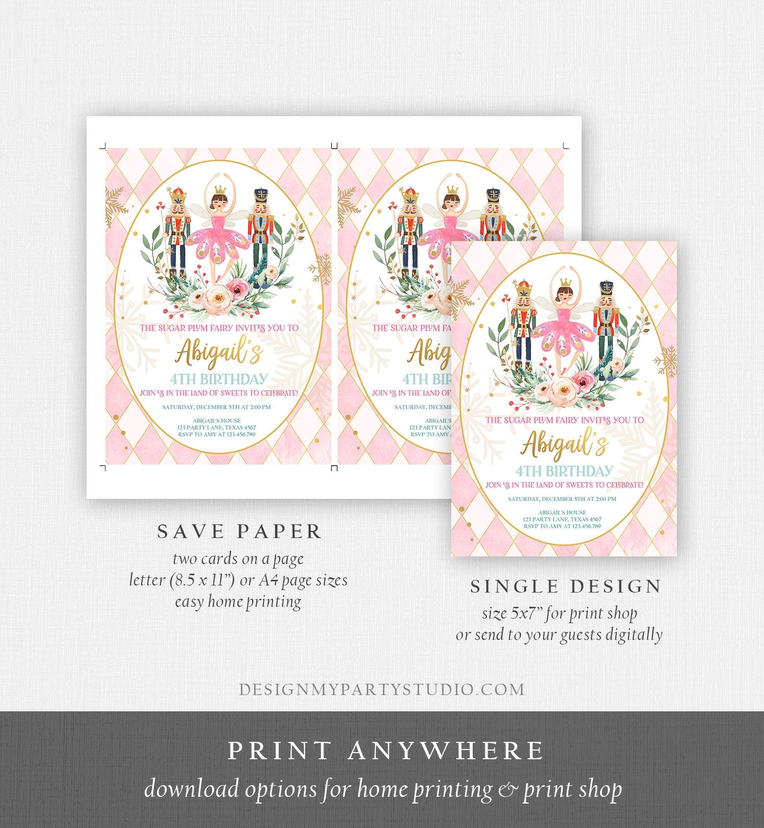 Editable Nutcracker Birthday Invitation Ballet Christmas Birthday Invite Pink Girl Sugar Plum Fairy Download Printable Template Corjl 0352