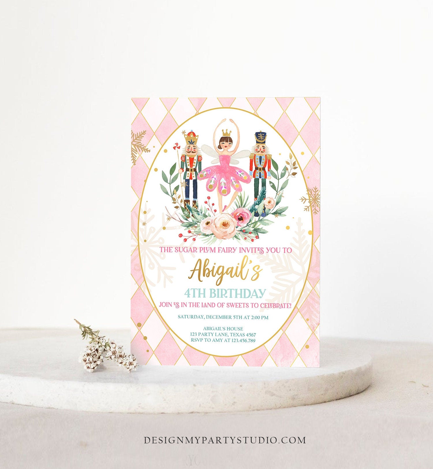 Editable Nutcracker Birthday Invitation Ballet Christmas Birthday Invite Pink Girl Sugar Plum Fairy Download Printable Template Corjl 0352