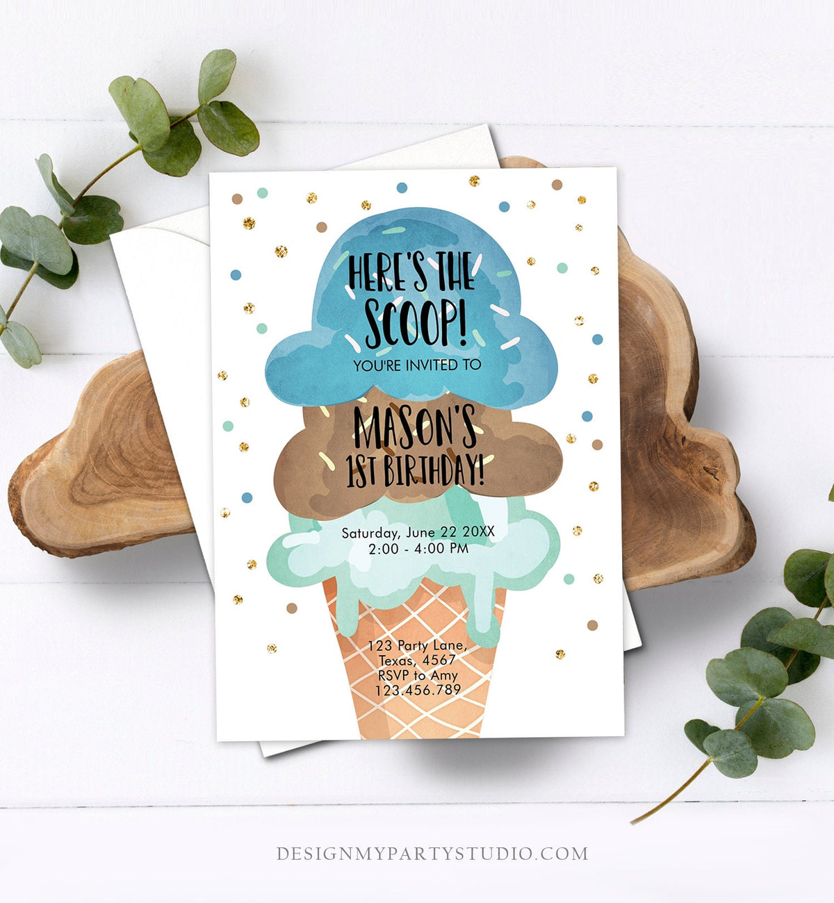 Editable Ice Cream Birthday Invitation First Birthday Party Here&#39;s the Scoop Cone Blue Mint Chocolate Boy Corjl Template Printable 0243