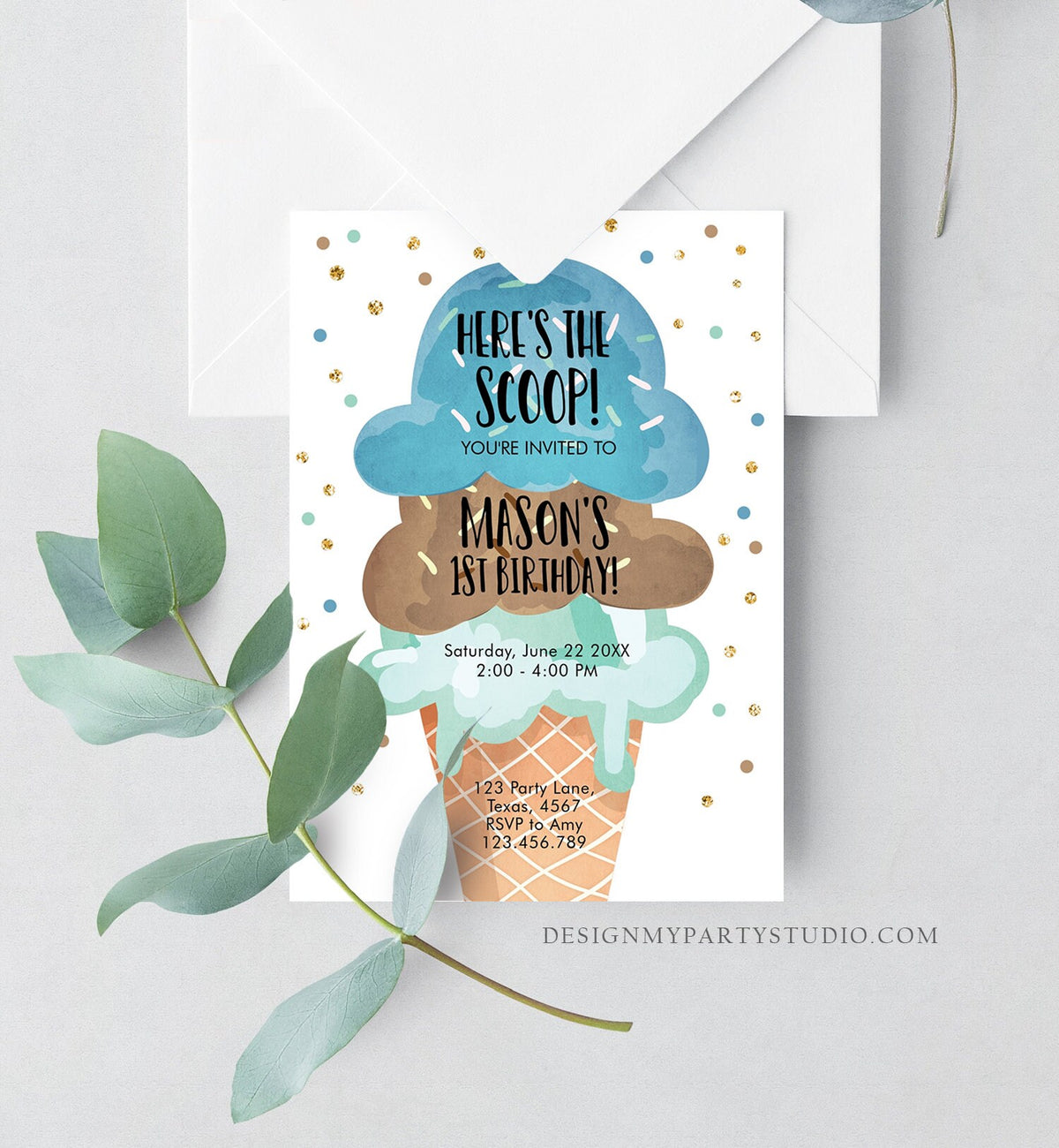Editable Ice Cream Birthday Invitation First Birthday Party Here&#39;s the Scoop Cone Blue Mint Chocolate Boy Corjl Template Printable 0243
