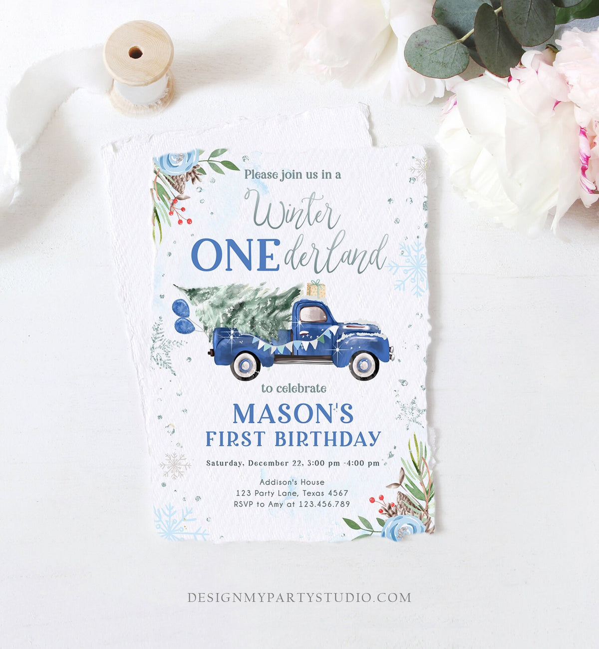 Editable Winter Onederland Winter First Birthday Invitation 1st Blue Boy Silver Floral Truck Christmas Digital Evite Template Printable 0356