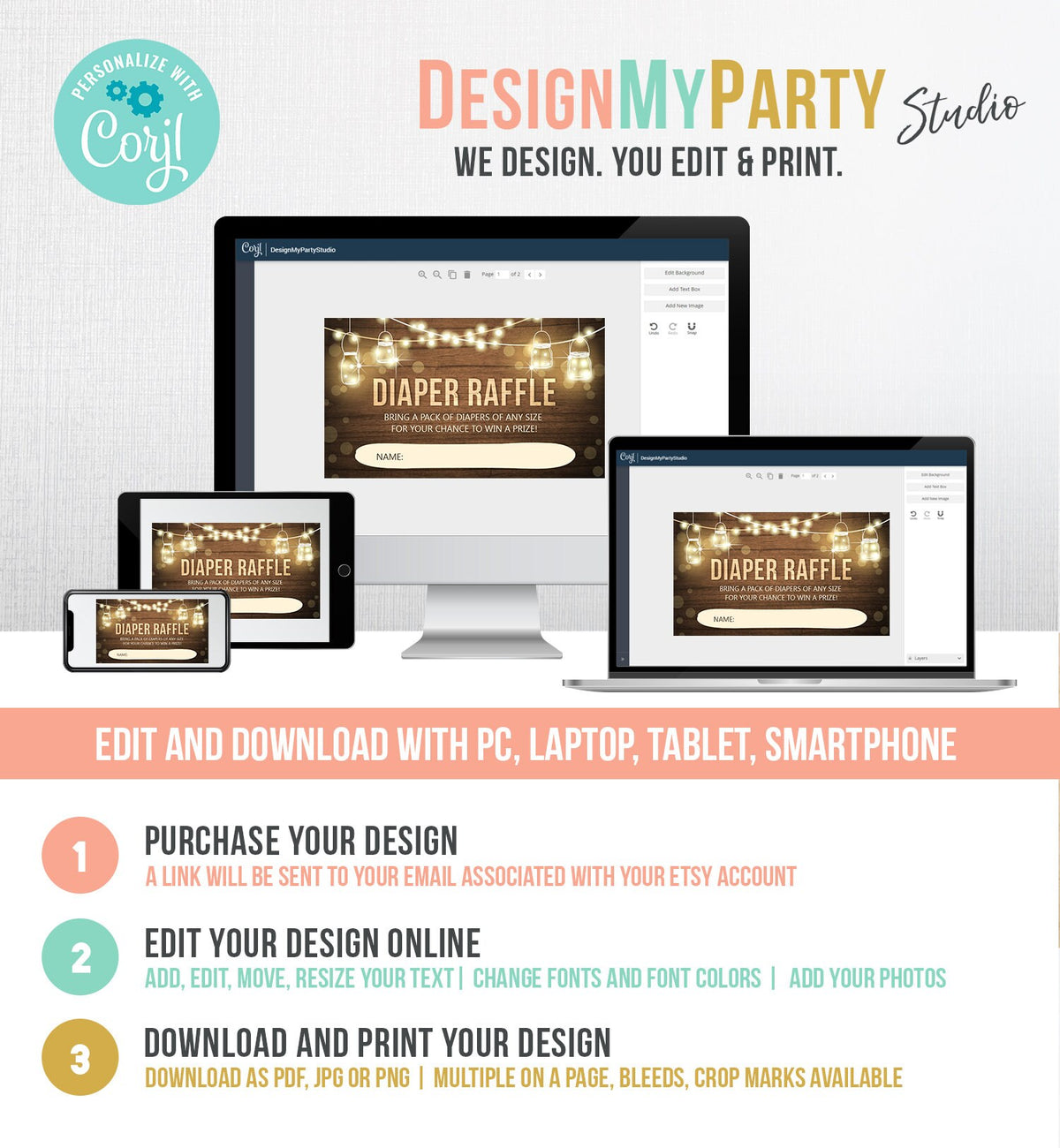 Editable Rustic Wood Diaper Raffle Ticket Baby Shower Insert Card Gender Neutral String Lights Autumn Fall Digital Template Printable 0015