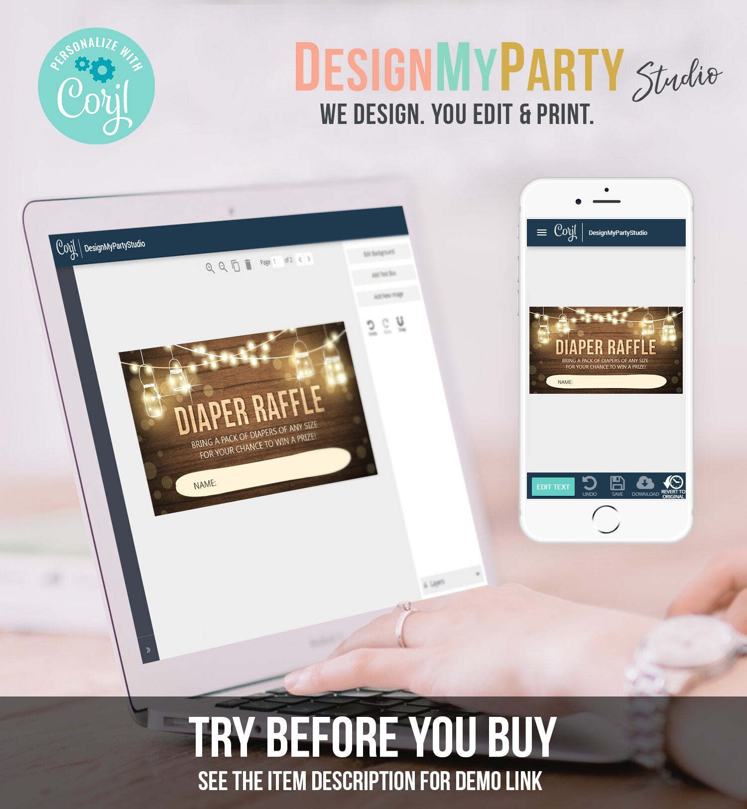 Editable Rustic Wood Diaper Raffle Ticket Baby Shower Insert Card Gender Neutral String Lights Autumn Fall Digital Template Printable 0015