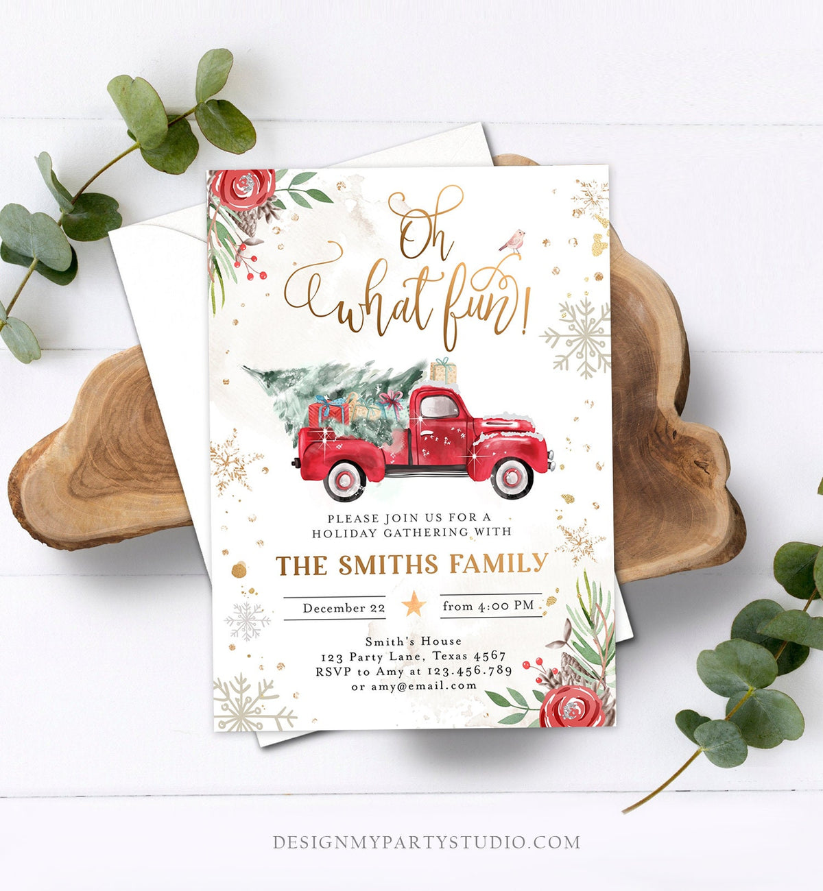 Editable Oh What Fun! Holiday Party Christmas Party Invitation Red Truck Tree Winter Birthday Digital Download Evite Template Printable 0356