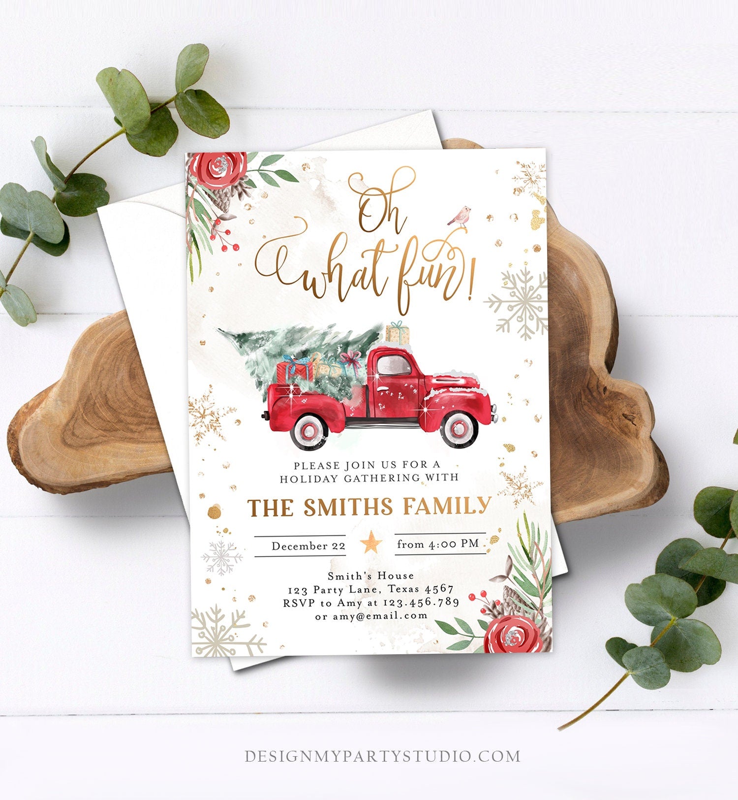 Editable Oh What Fun! Holiday Party Christmas Party Invitation Red Truck Tree Winter Birthday Digital Download Evite Template Printable 0356