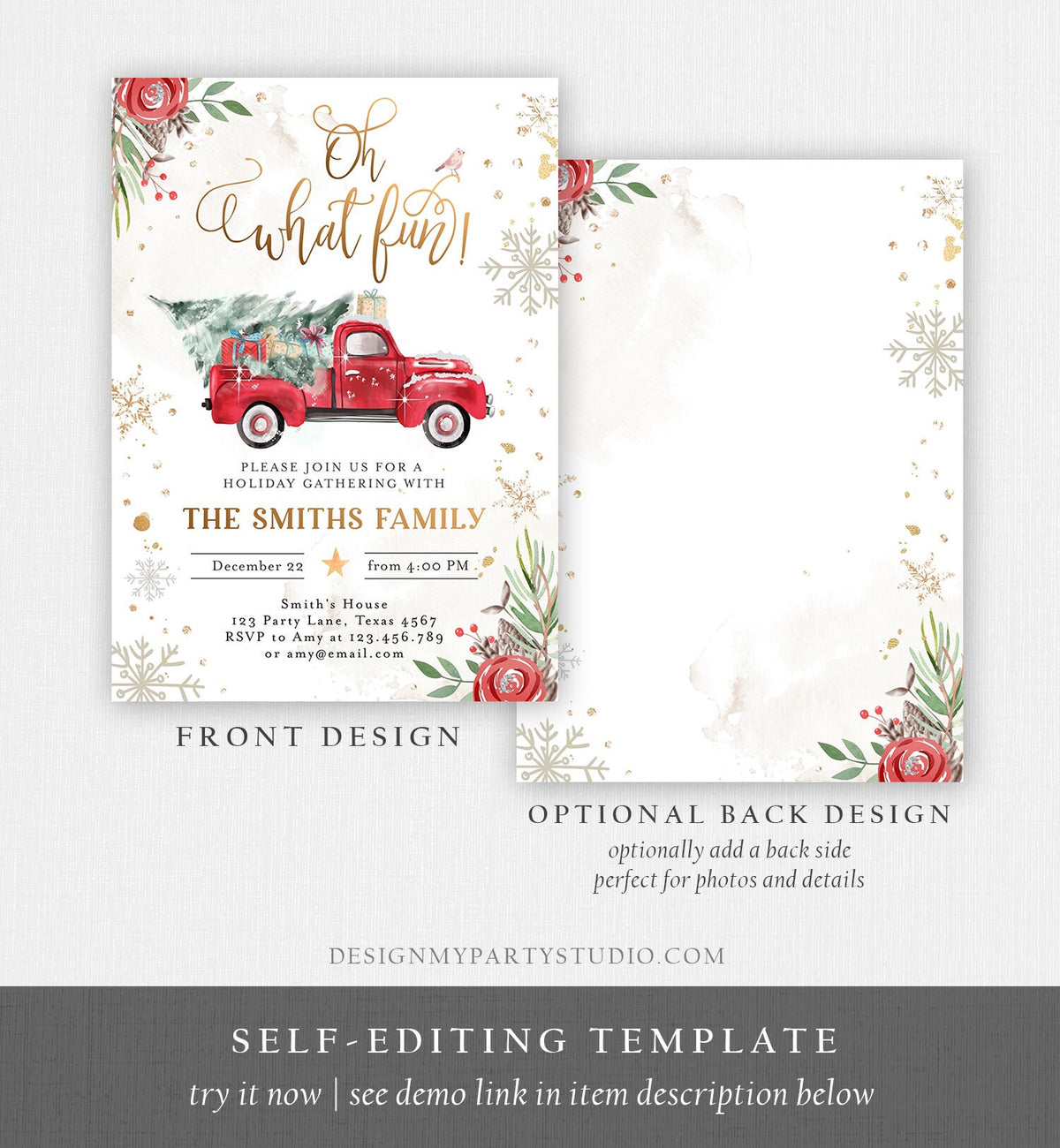 Editable Oh What Fun! Holiday Party Christmas Party Invitation Red Truck Tree Winter Birthday Digital Download Evite Template Printable 0356