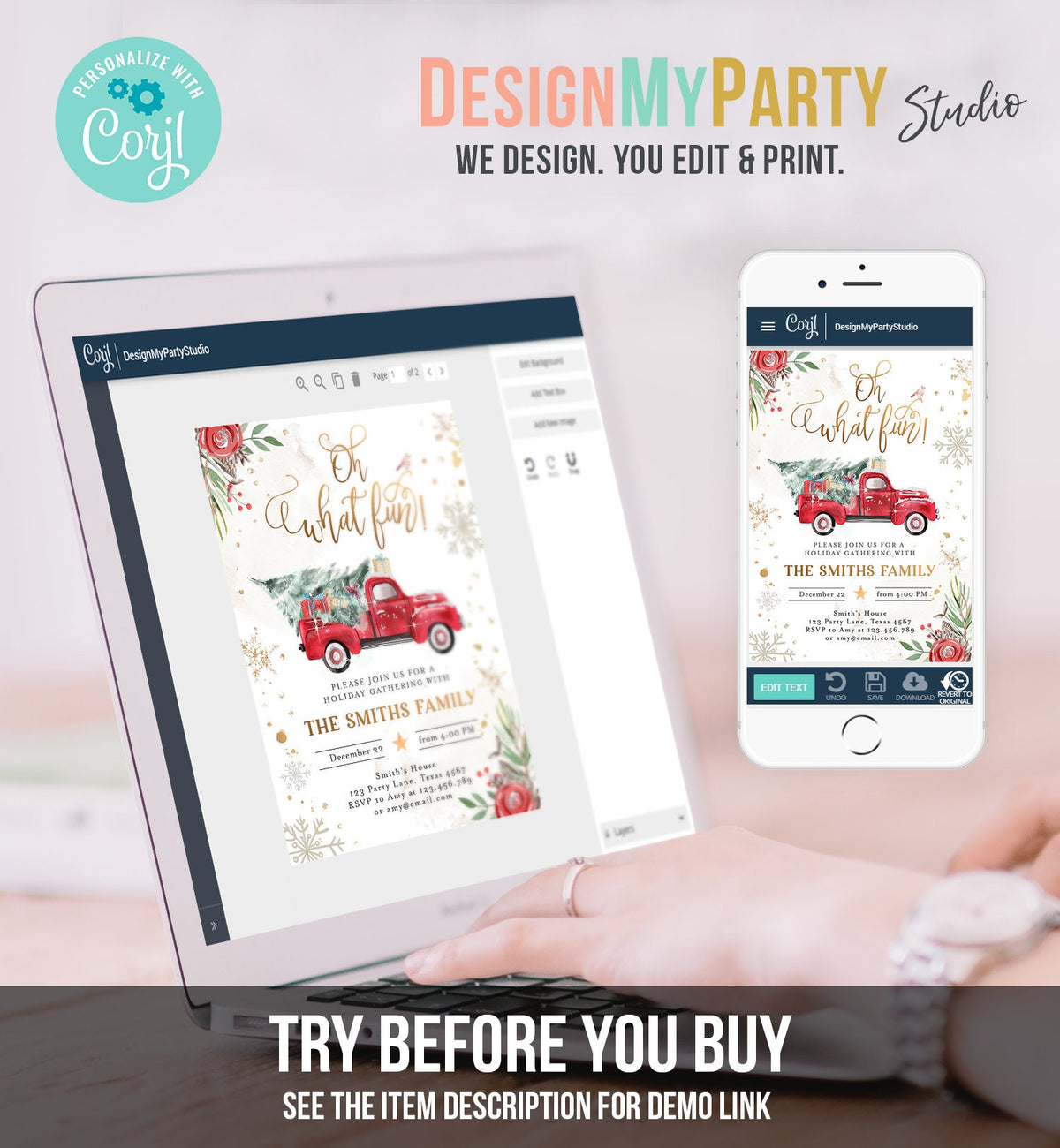 Editable Oh What Fun! Holiday Party Christmas Party Invitation Red Truck Tree Winter Birthday Digital Download Evite Template Printable 0356