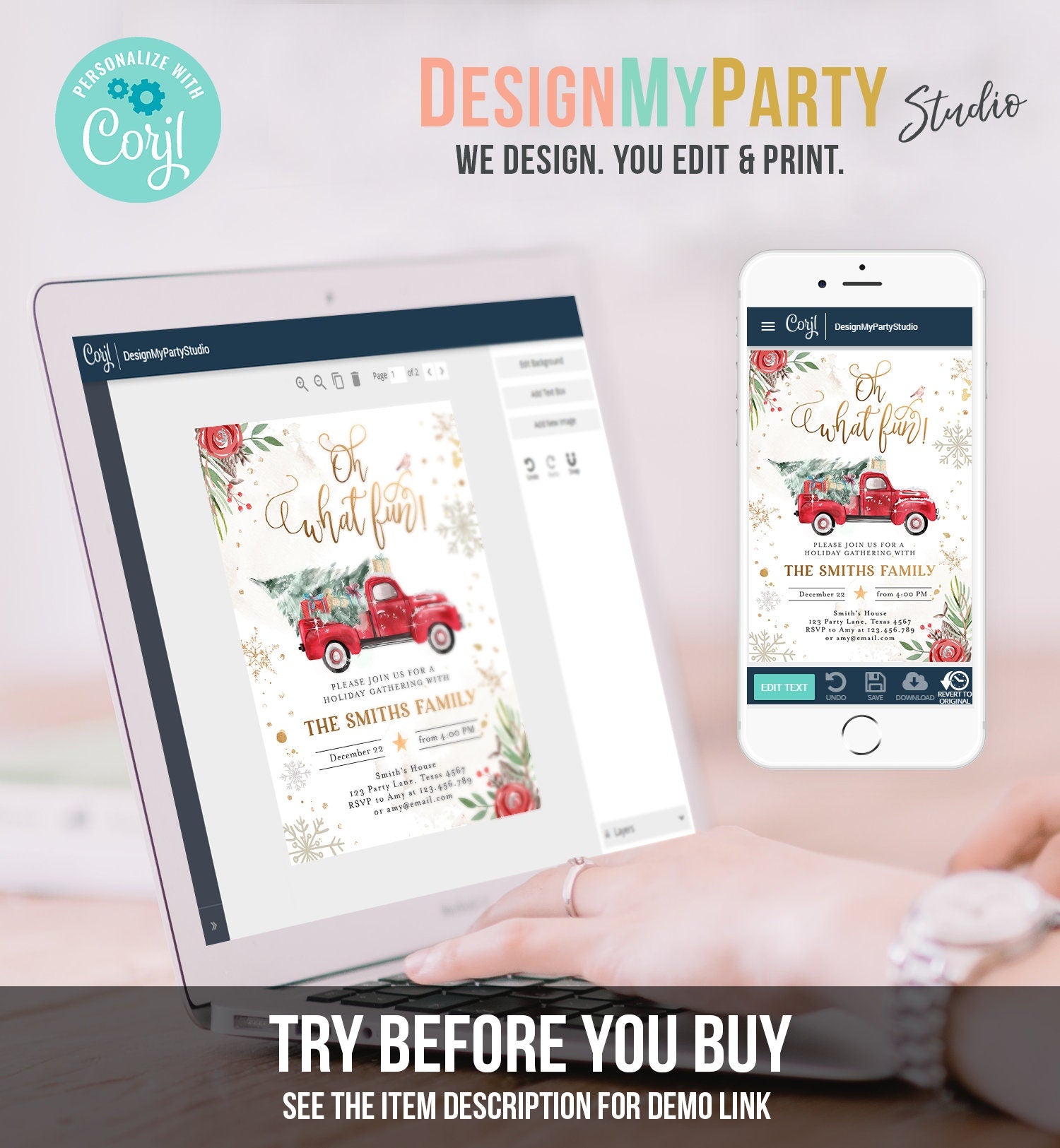 Editable Oh What Fun! Holiday Party Christmas Party Invitation Red Truck Tree Winter Birthday Digital Download Evite Template Printable 0356