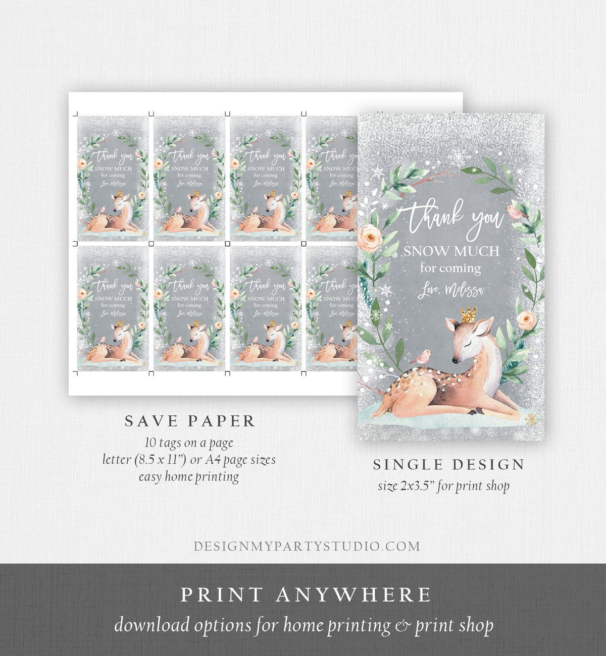 Editable Winter Birthday Favor Tags Pink Girl Snowflakes Thank You Snow much Winter Onederland Deer Shower Digital Template Printable 0265