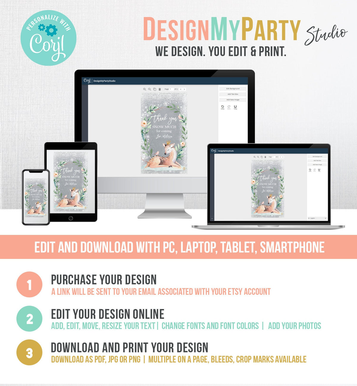 Editable Winter Birthday Favor Tags Pink Girl Snowflakes Thank You Snow much Winter Onederland Deer Shower Digital Template Printable 0265