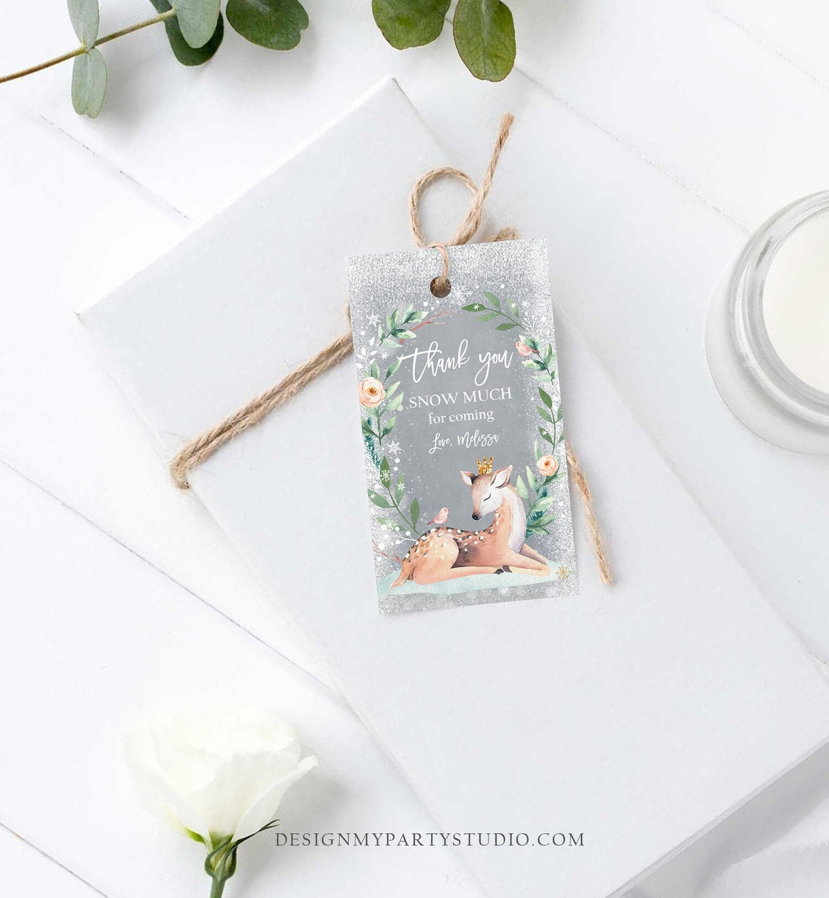 Editable Winter Birthday Favor Tags Pink Girl Snowflakes Thank You Snow much Winter Onederland Deer Shower Digital Template Printable 0265