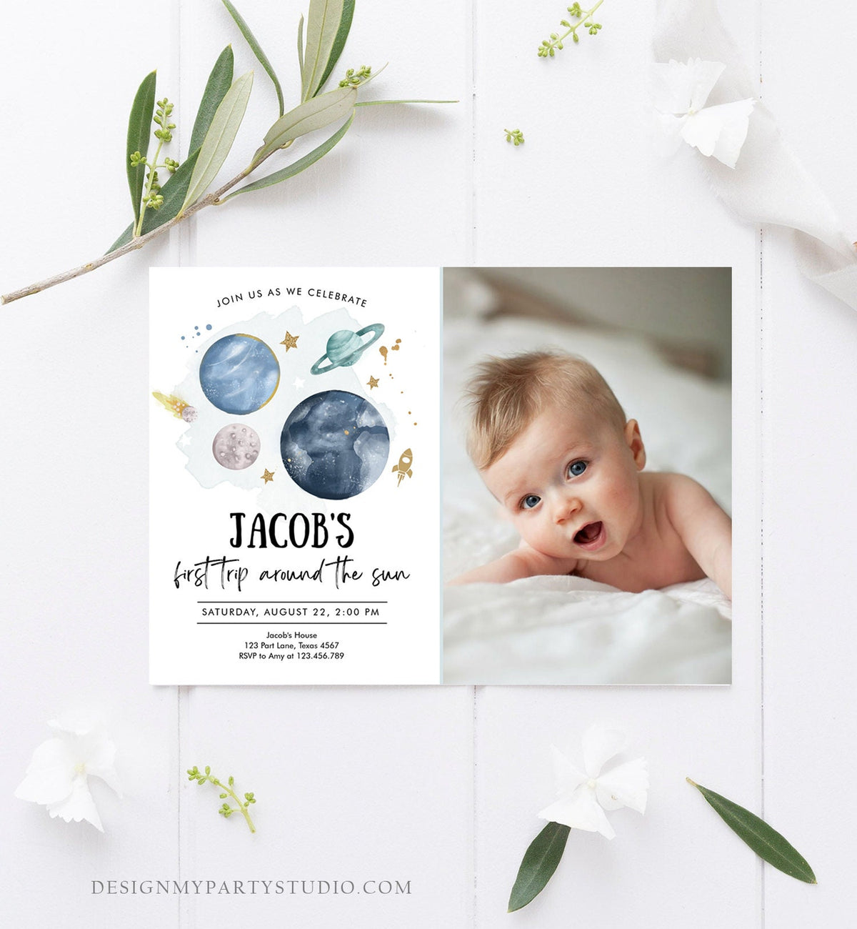 Editable Outer Space First Birthday Invitation Galaxy Blast Off First Trip Around the Sun Digital Download Evite Template Printable 0357