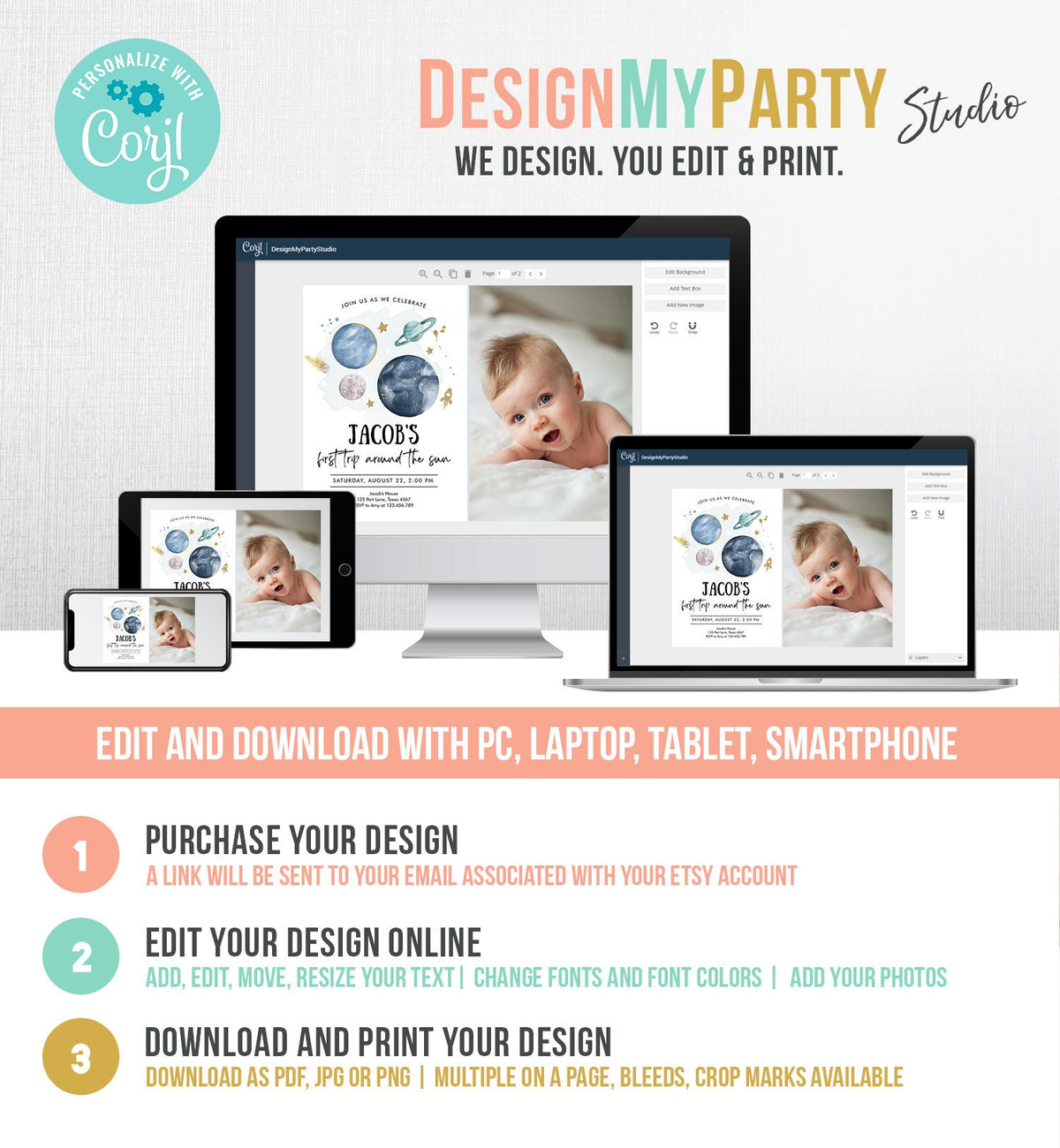 Editable Outer Space First Birthday Invitation Galaxy Blast Off First Trip Around the Sun Digital Download Evite Template Printable 0357