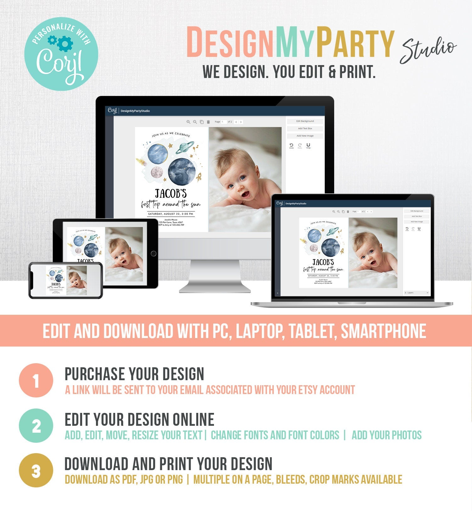 Editable Outer Space First Birthday Invitation Galaxy Blast Off First Trip Around the Sun Digital Download Evite Template Printable 0357