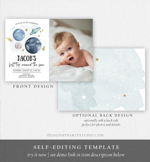 Editable Outer Space First Birthday Invitation Galaxy Blast Off First Trip Around the Sun Download Printable Template Digital Corjl 0357