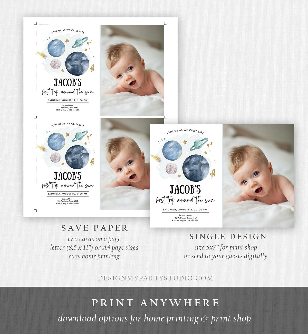 Editable Outer Space First Birthday Invitation Galaxy Blast Off First Trip Around the Sun Digital Download Evite Template Printable 0357