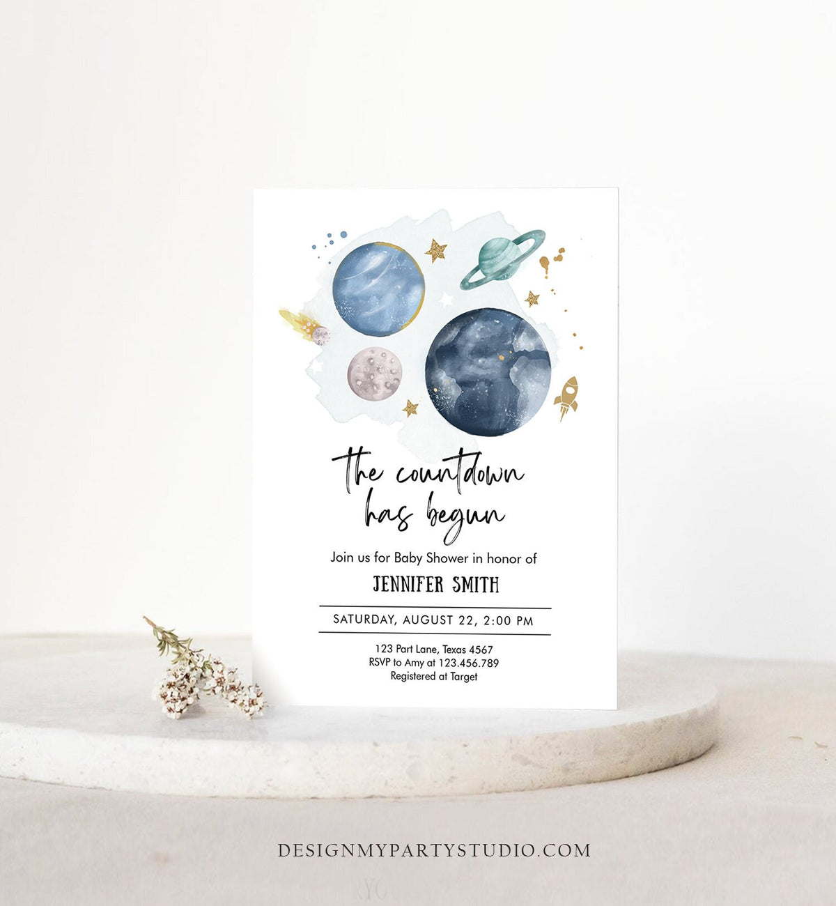 Editable Space Baby Shower Invitation Galaxy Outer Space It&#39;s a Boy Blue Planets Moon Countdown Invite Template Instant Download Corjl 0357