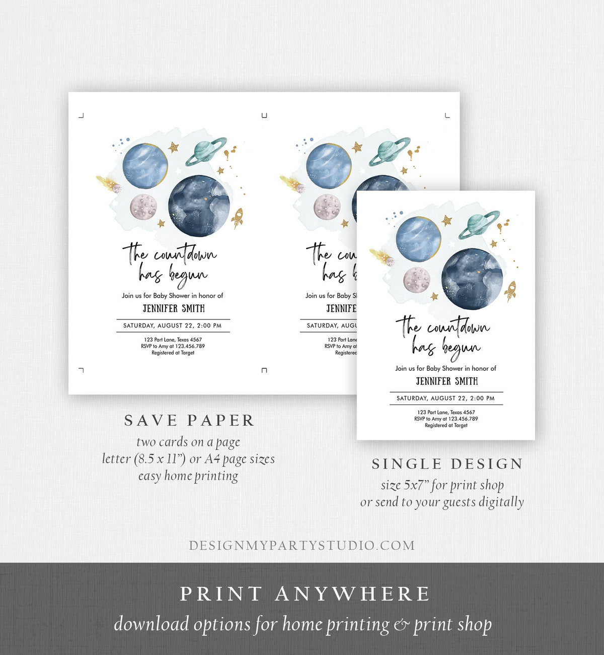 Editable Space Baby Shower Invitation Galaxy Outer Space It&#39;s a Boy Blue Planets Moon Countdown Invite Template Instant Download Corjl 0357