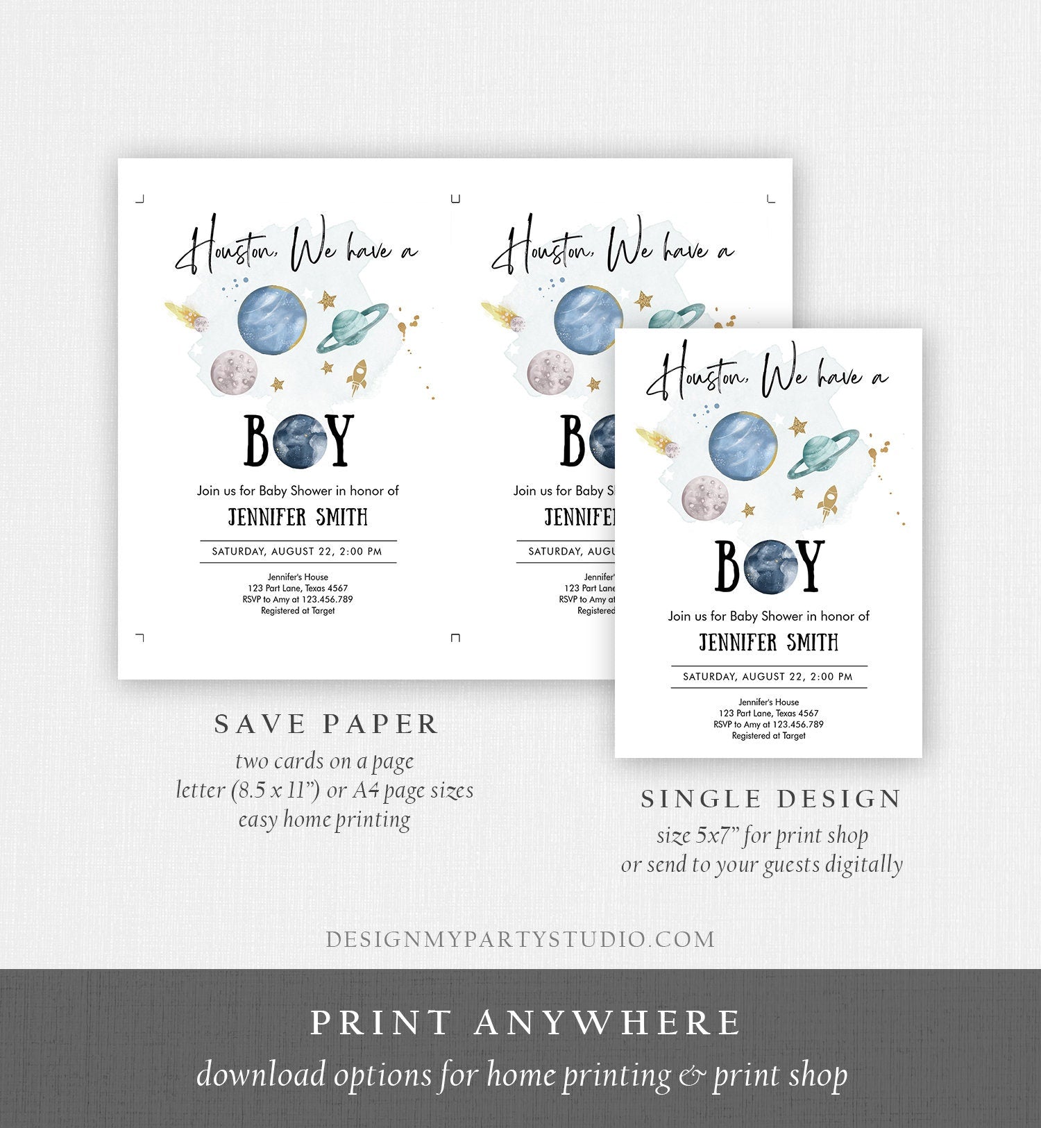 Editable Space Baby Shower Invitation Galaxy Outer Space It's a Boy Blue Planets Moon Houston Digital Download Evite Template Printable 0357