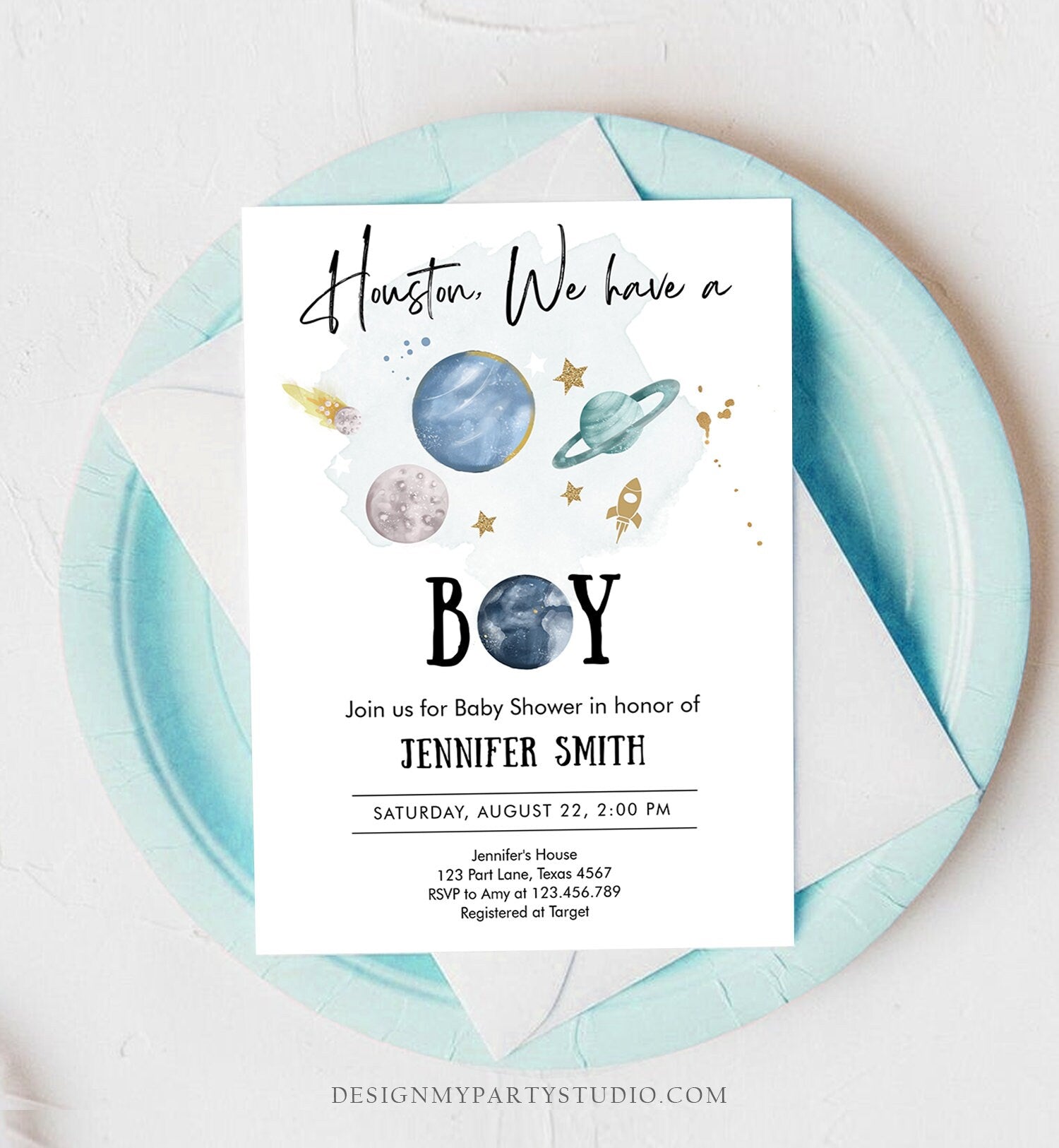 Editable Space Baby Shower Invitation Galaxy Outer Space It's a Boy Blue Planets Moon Houston Digital Download Evite Template Printable 0357