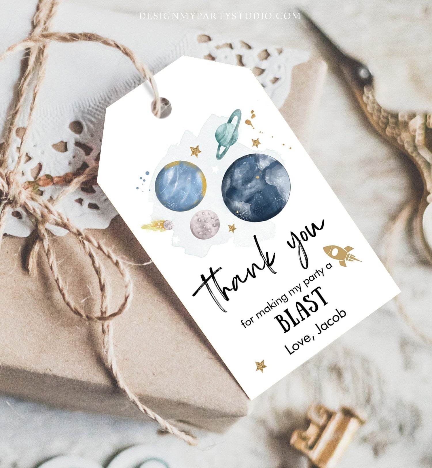 Editable Outer Space Favor Tags Space Birthday Thank you Label Galaxy Gift tags Trip Around the Sun Planets Template Corjl PRINTABLE 0357