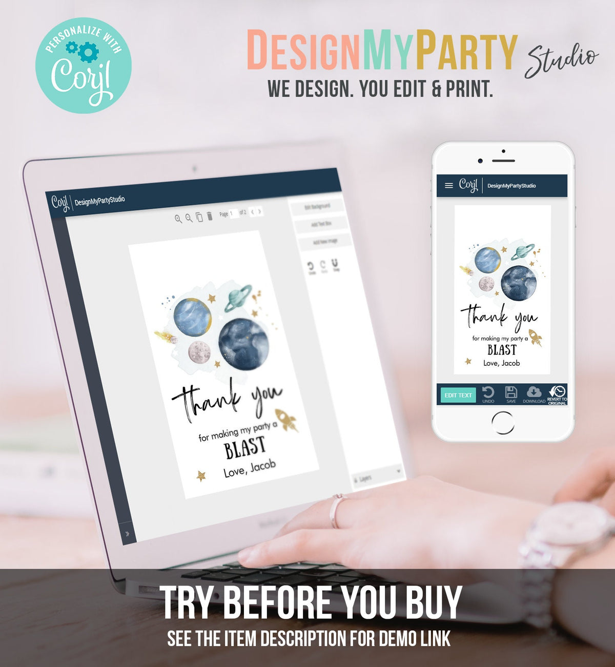 Editable Outer Space Favor Tags Space Birthday Thank you Label Galaxy Gift tags Trip Around the Sun Planets Template Corjl PRINTABLE 0357