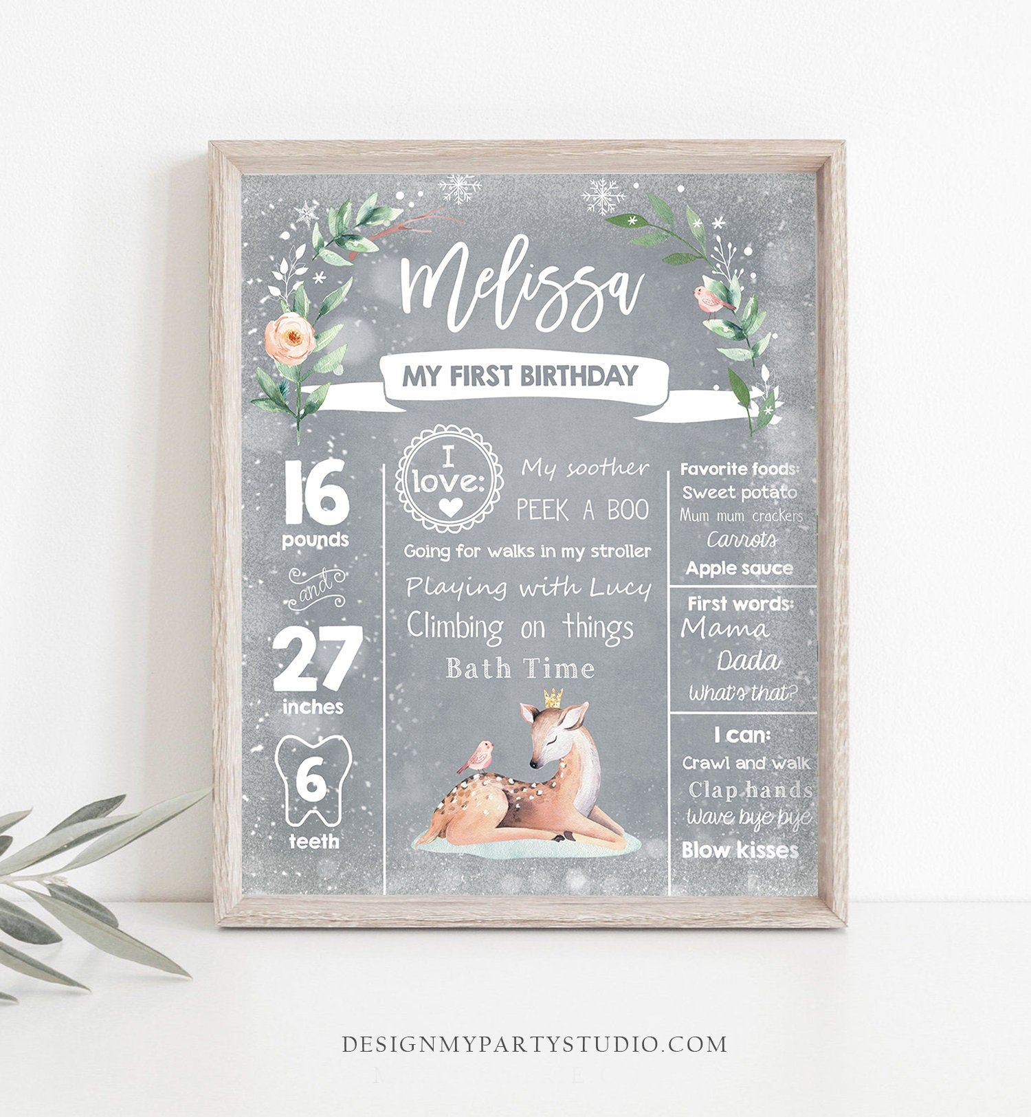 Editable Winter Onederland Birthday Milestones Sign First Birthday 1st Snowflakes Girl White Woodland Deer Digital Template Printable 0265