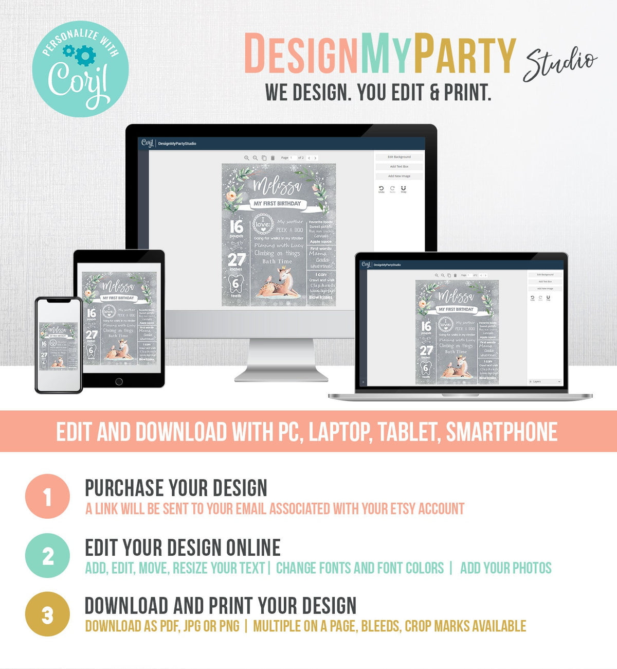 Editable Winter Onederland Birthday Milestones Sign First Birthday 1st Snowflakes Girl White Woodland Deer Digital Template Printable 0265