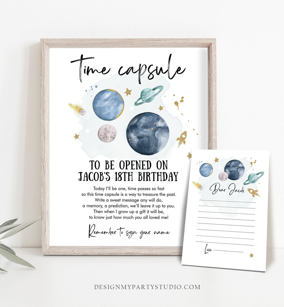 Editable Outer Space Time Capsule First Birthday Party Astronaut Rocket Space Birthday Moon Planets Guestbook Template Printable Corjl 0357