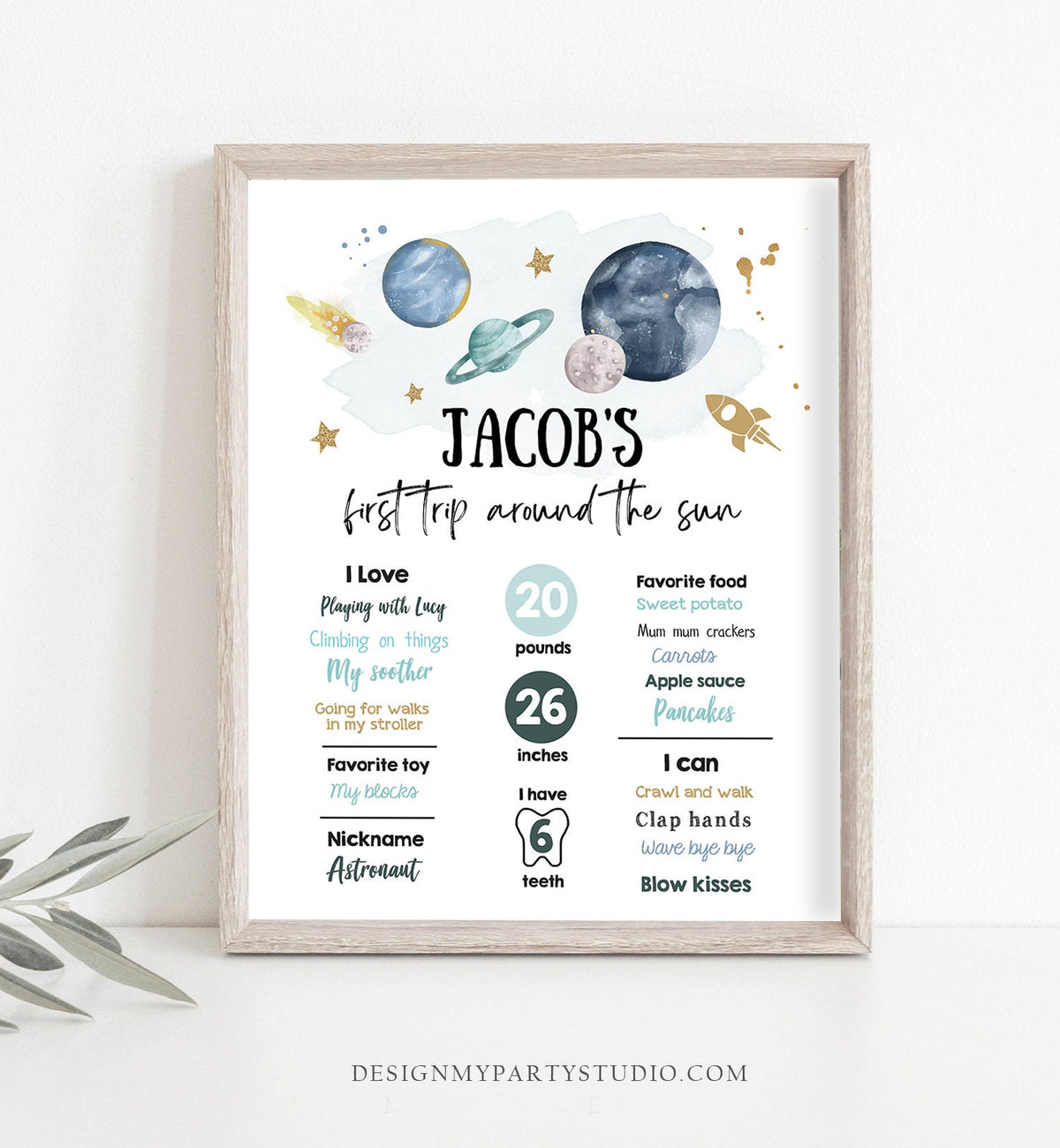 Editable Outer Space Birthday Milestones Sign First Trip Around the Sun Boy 1st Birthday Space Galaxy Planets Template Printable Corjl 0357