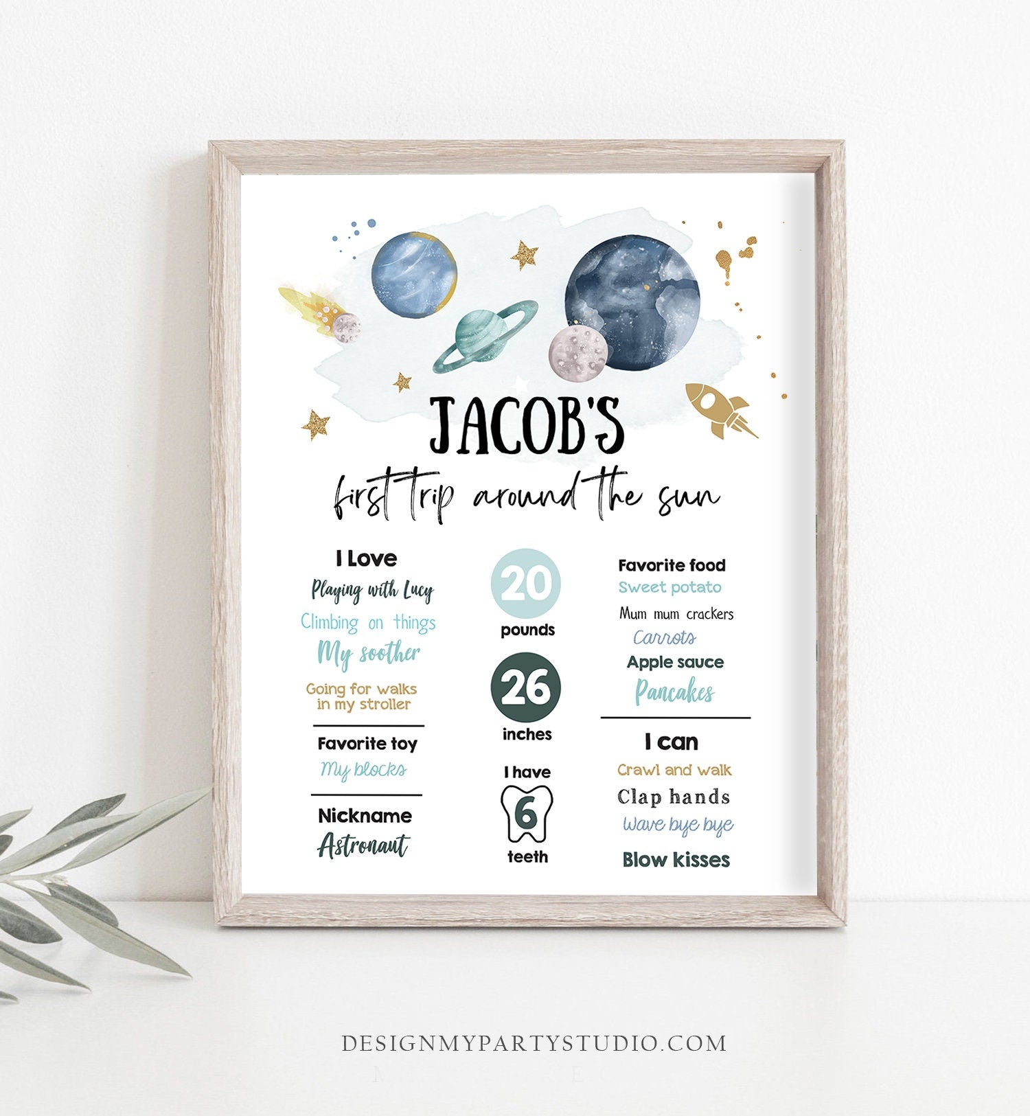 Editable Outer Space Birthday Milestones Sign First Trip Around the Sun Boy 1st Birthday Space Galaxy Planets Template Printable Corjl 0357