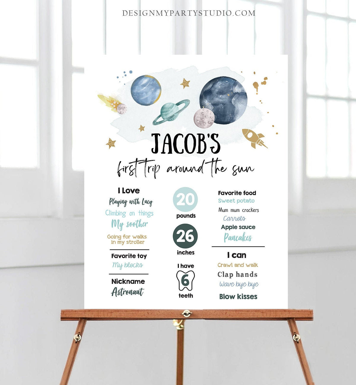Editable Outer Space Birthday Milestones Sign First Trip Around the Sun Boy 1st Birthday Space Galaxy Planets Template Printable Corjl 0357