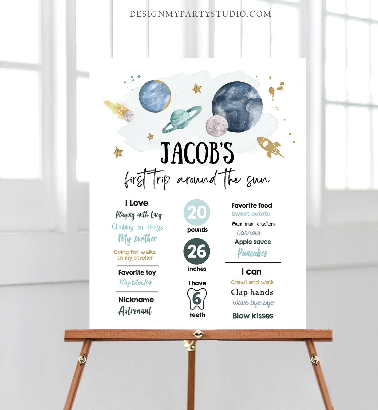 Editable Outer Space Birthday Milestones Sign First Trip Around the Sun Boy 1st Birthday Space Galaxy Planets Template Printable Corjl 0357
