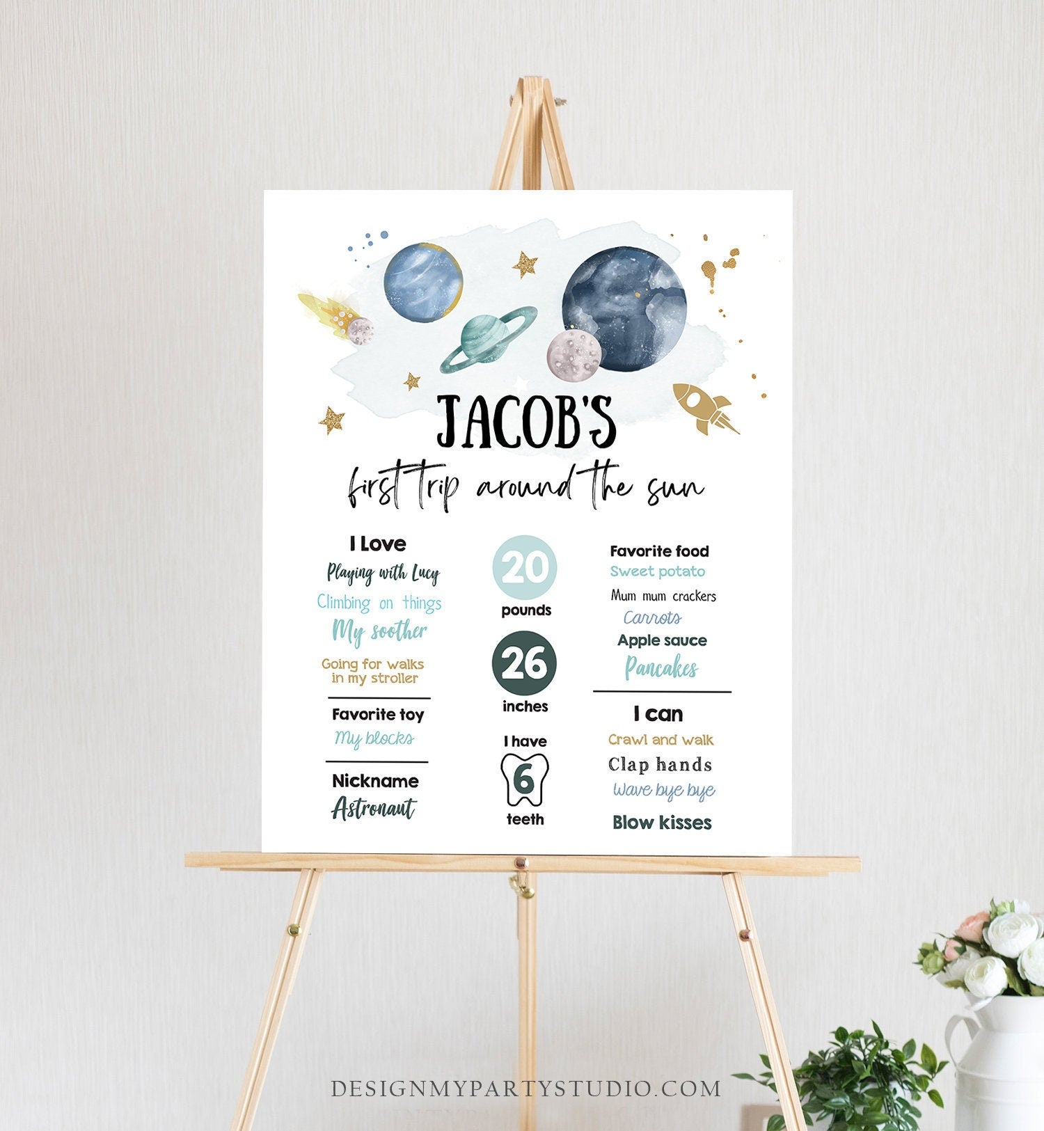 Editable Outer Space Birthday Milestones Sign First Trip Around the Sun Boy 1st Birthday Space Galaxy Planets Template Printable Corjl 0357