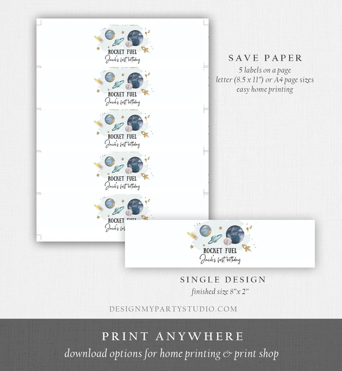 Editable Outer Space Water Bottle Label Galaxy Party Decor Space Birthday Rocket Fuel Label Planets Digital Download Template Printable 0357