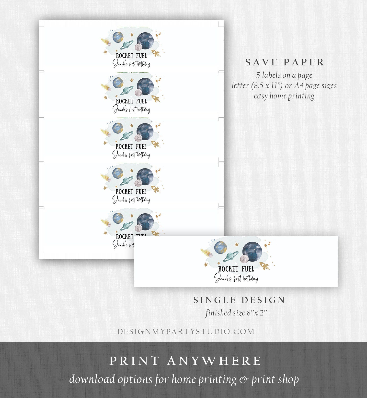 Editable Outer Space Water Bottle Label Galaxy Party Decor Space Birthday Rocket Fuel Label Planets Digital Download Template Printable 0357