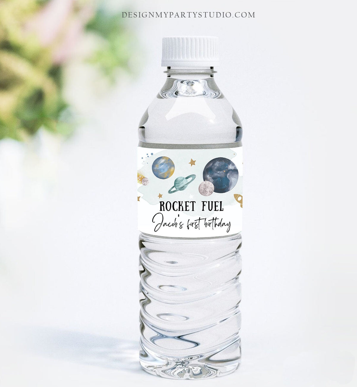 Editable Outer Space Water Bottle Label Galaxy Party Decor Space Birthday Rocket Fuel Label Planets Digital Download Template Printable 0357