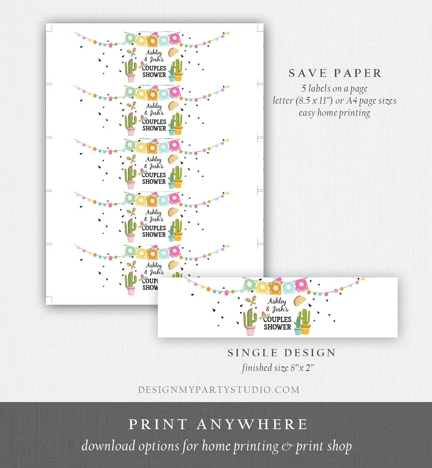 Editable Water Bottle Labels Fiesta Couples Shower Taco Bout Love Cactus Mexican Printable Bottle Labels Succulent Template Corjl 0161