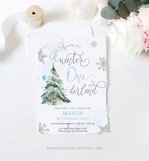 Editable Winter ONEderland Birthday Invitation First Birthday 1st Boy Blue Grey Snow Watercolor Tree Christmas Snowflake Corjl Template 0363