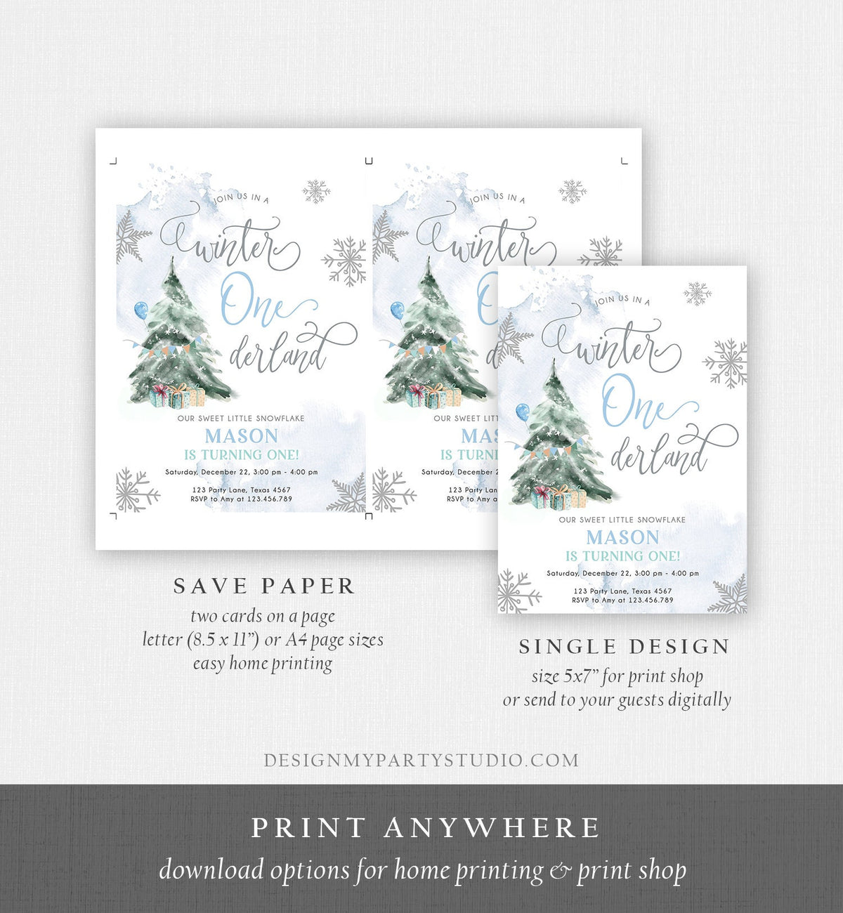 Editable Winter ONEderland Birthday Invitation First Birthday 1st Boy Watercolor Tree Christmas Snowflake Digital Template Printable 0363